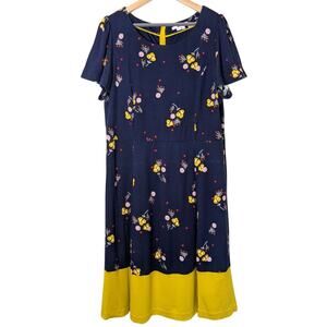 Boden Erica Floral Ponte Midi Flutter Sleeve Blue Yellow Dress Size 16 Bloomcore